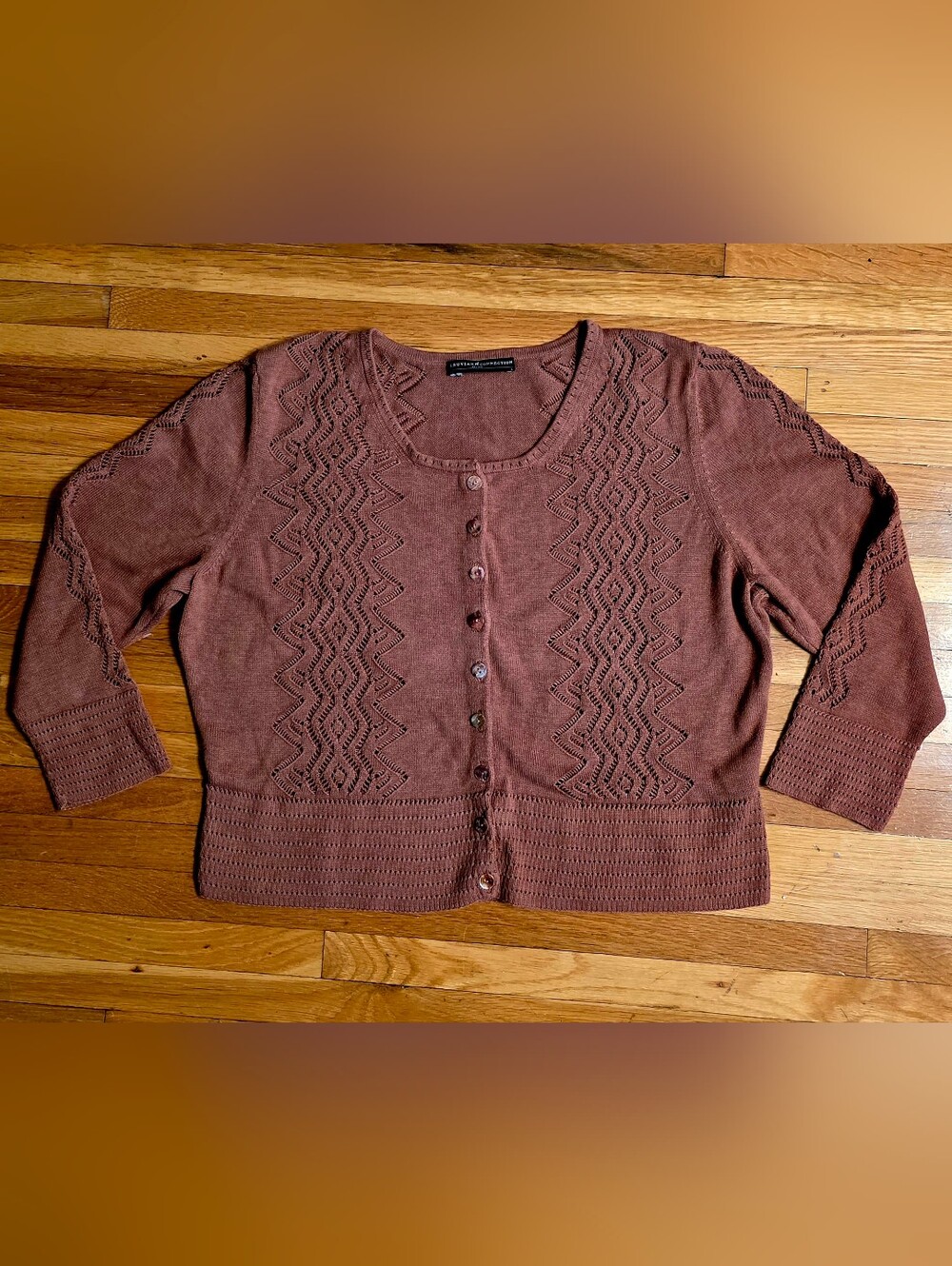 Peruvian Connection L Open-Stitch Pearl Button Crop Sweater Cardigan Dusty Rose